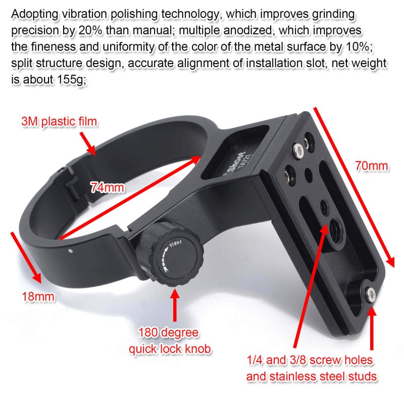 iShoot Tripod Mount Ring, Lens Collar Support Compatible with Tamron 70-210mm f/4 Di VC USD A034, Built-in Arca Fit Quick Release Plate for Arca-Swiss Tripod Head Clamp - Image 4